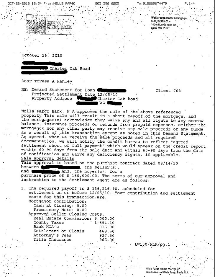 Wells Fargo Short Sale Approval Letter for Phoenix Area October 2010